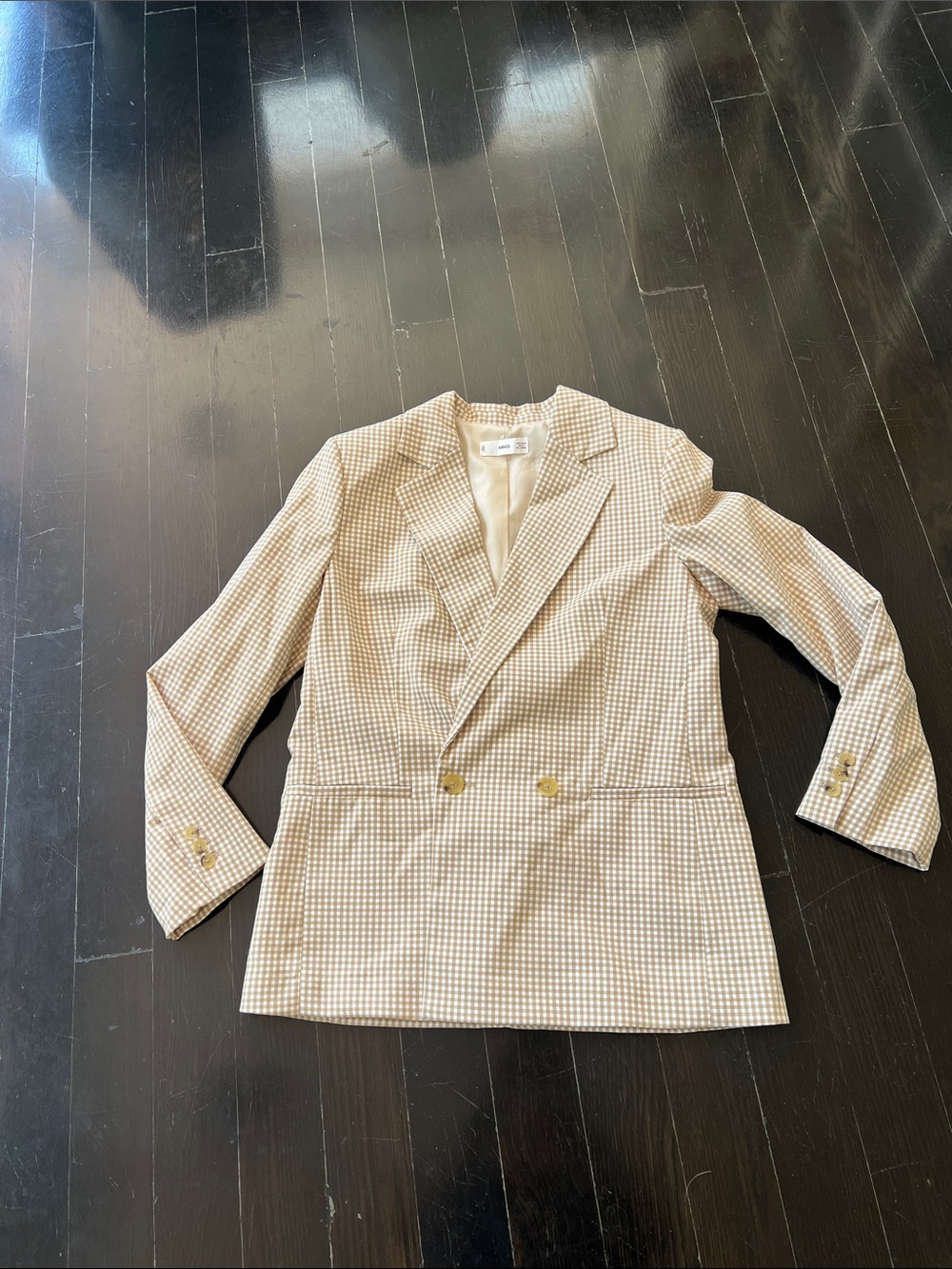 Mango Double-Breasted Beige Check Blazer